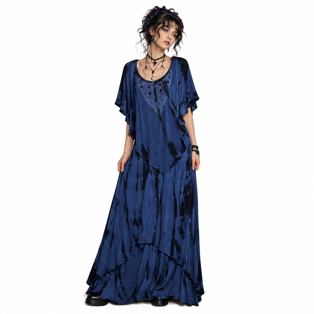 Reba Blue Tie Dye Lace Maxi Dress XL Whimsigoth Boho Western Gypsy Fairy Flowy